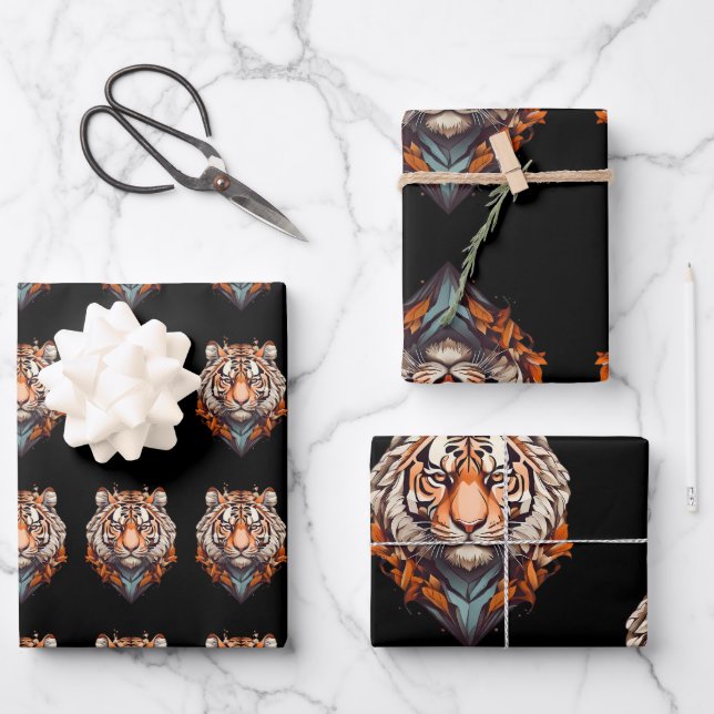 Tiger Portrait Head with Orange Colour on black  Wrapping Paper Sheet (Front)