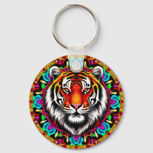 Tiger Portrait with Mandala Design Key Ring