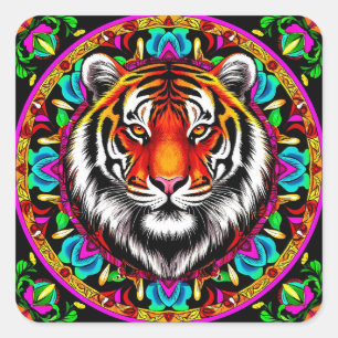Tiger Portrait with Mandala Design Square Sticker