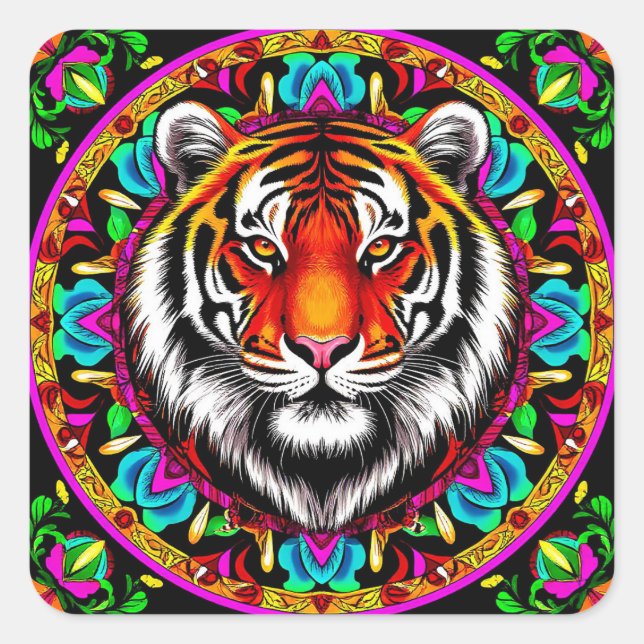 Tiger Portrait with Mandala Design Square Sticker (Front)