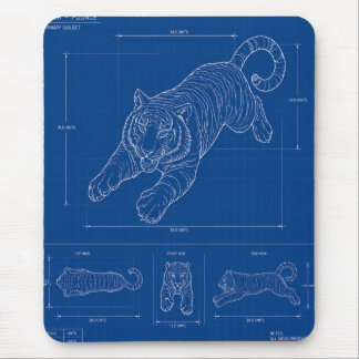 Tiger Pounce Blueprint – Technical Line Art Poster Mouse Mat