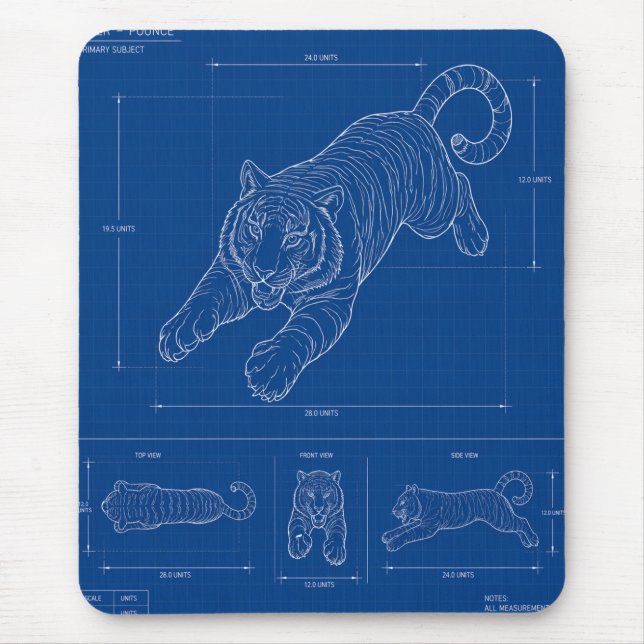 Tiger Pounce Blueprint – Technical Line Art Poster Mouse Mat (Front)