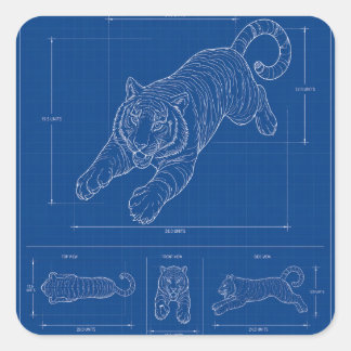 Tiger Pounce Blueprint – Technical Line Square Sticker