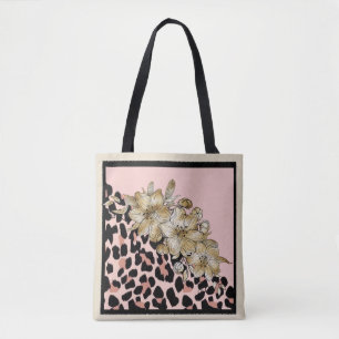Tiger Print and Mauve and and Ivory Flowers Tote Bag