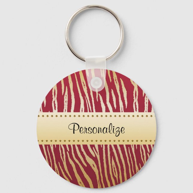 Tiger Print Elegant Red and Gold Animal Pattern Key Ring (Front)