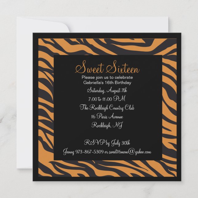 Tiger Print Girls Sixteenth Birthday Invite (Front)
