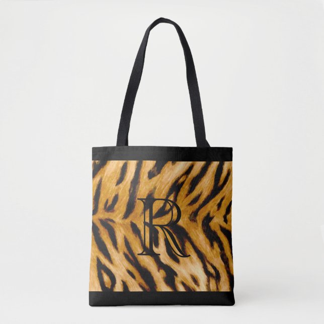 Tiger Print Pattern with Monogram Tote Bag (Front)