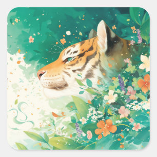 Tiger Profile Peeking Through Botanical Garden Square Sticker