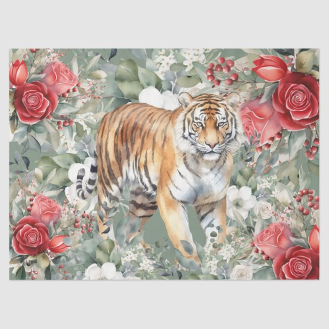  Tiger, Red Roses & Eucalyptus Decoupage  Tissue Paper (Front)