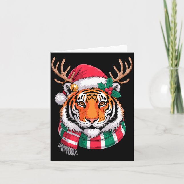 Tiger Reindeer Christmas Santa Hat Tiger Xmas  Card (Front)