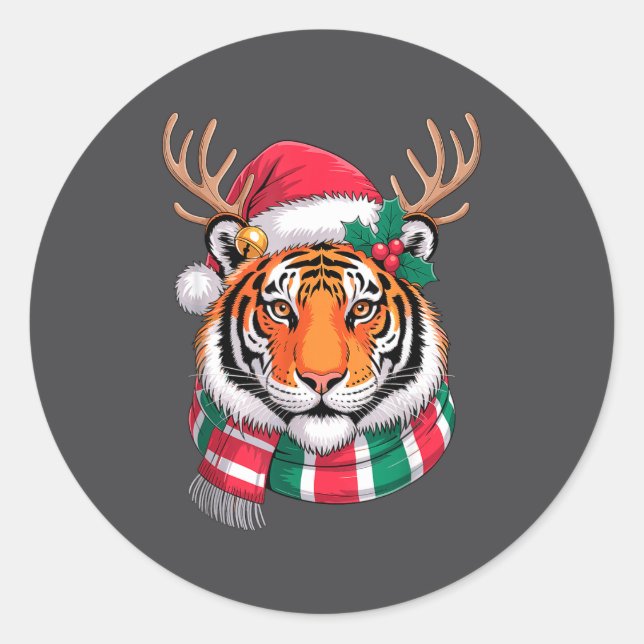 Tiger Reindeer Christmas Santa Hat Tiger Xmas  Classic Round Sticker (Front)