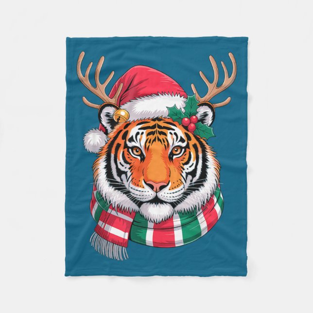 Tiger Reindeer Christmas Santa Hat Tiger Xmas  Fleece Blanket (Front)