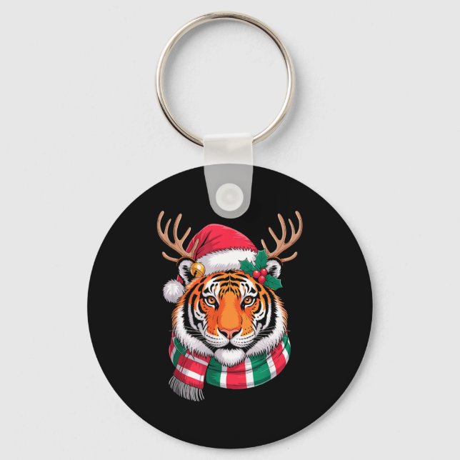 Tiger Reindeer Christmas Santa Hat Tiger Xmas  Key Ring (Front)