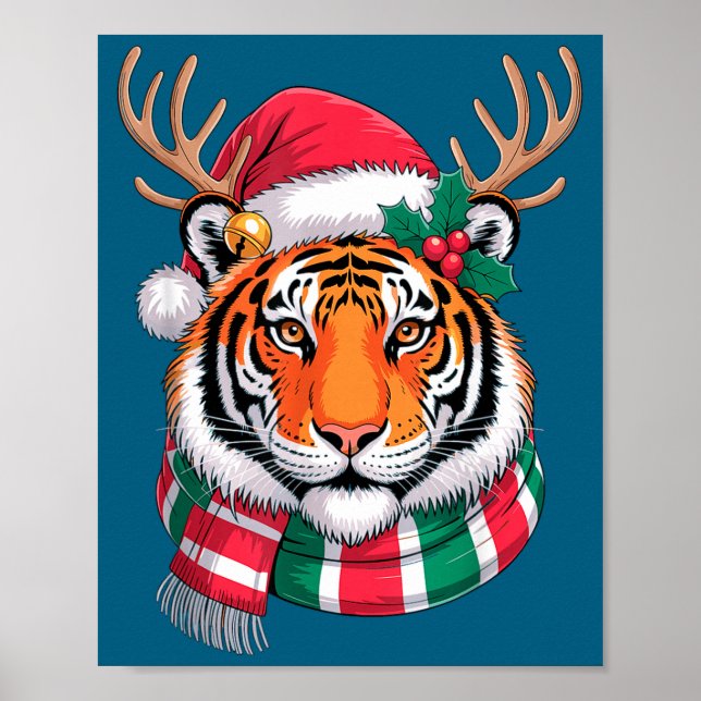 Tiger Reindeer Christmas Santa Hat Tiger Xmas  Poster (Front)