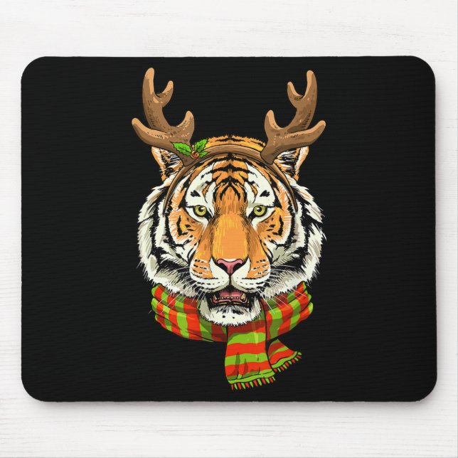 Tiger Reindeer Christmas Shirt Animal With Antlers Mouse Mat (Front)