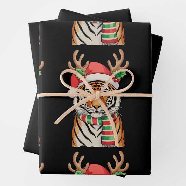 Tiger Reindeer Santa Hat Christmas Xmas Holiday Wrapping Paper Sheet (In situ)