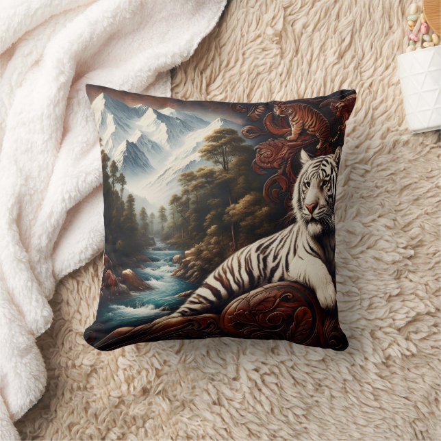 Tiger Relaxing by Mountain River Cushion (Blanket)