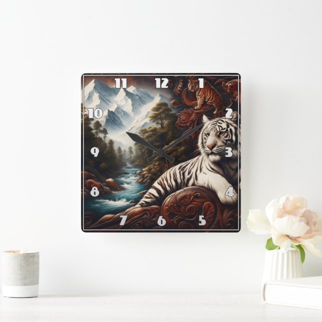 Tiger Relaxing by Mountain River Square Wall Clock (Home)