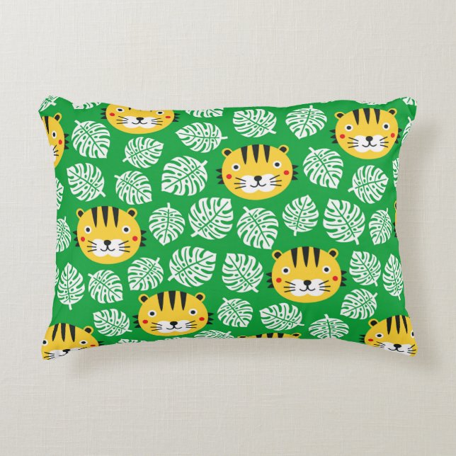 Tiger seamless pattern with tropical leaves. Kid b Decorative Cushion (Front)