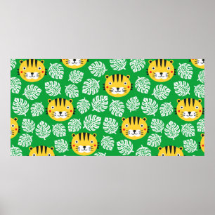 Tiger seamless pattern with tropical leaves. Kid b Poster