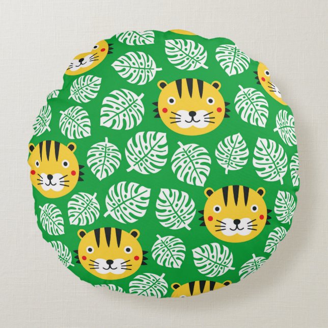 Tiger seamless pattern with tropical leaves. Kid b Round Cushion (Front)