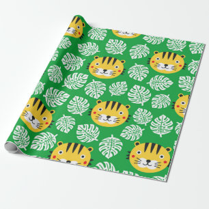 Tiger seamless pattern with tropical leaves. Kid b Wrapping Paper