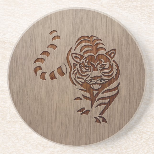 Tiger silhouette engraved on wood design coaster (Front)