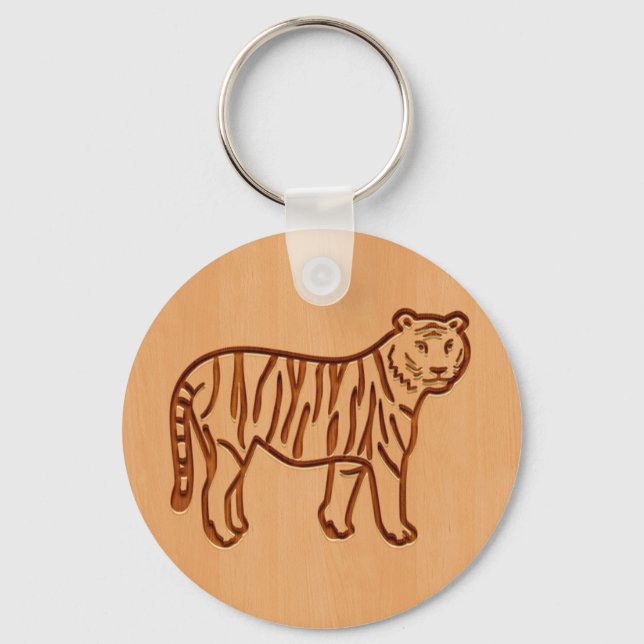 Tiger silhouette engraved on wood design key ring (Front)