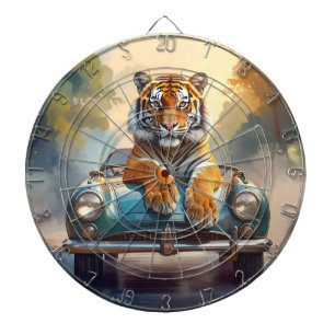 Tiger sitting on a sports car dartboard