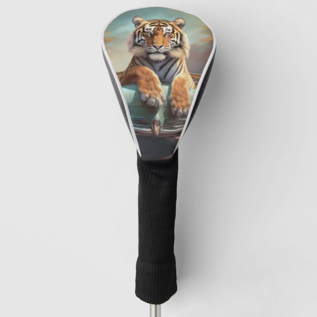 Tiger sitting on a sports car  golf head cover (Front)