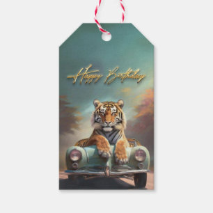 Tiger sitting on a sports car Happy birthday Gift Tags