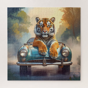 Tiger sitting on a sports car jigsaw puzzle