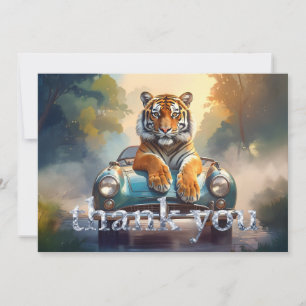 Tiger sitting on a sports car  thank you card