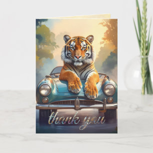 Tiger sitting on a sports car thank you card