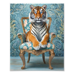 Tiger sitting on a vintage chair photo print