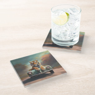 Tiger sitting on a vintage sports car glass coaster
