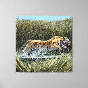 Tiger Splashing through the marsh Triptych Acrylic Canvas Print