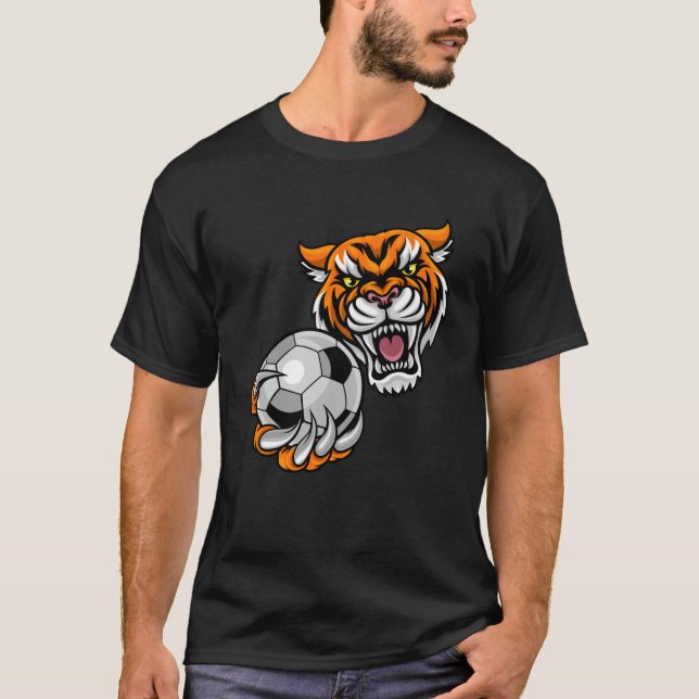 Tiger Sports Team Mascot Holding Soccer Football B T-Shirt (Front)