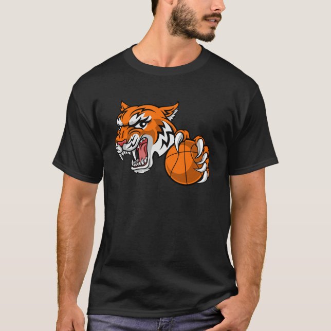 Tiger Sports Tigers Team Mascot Holding Basketball T-Shirt (Front)