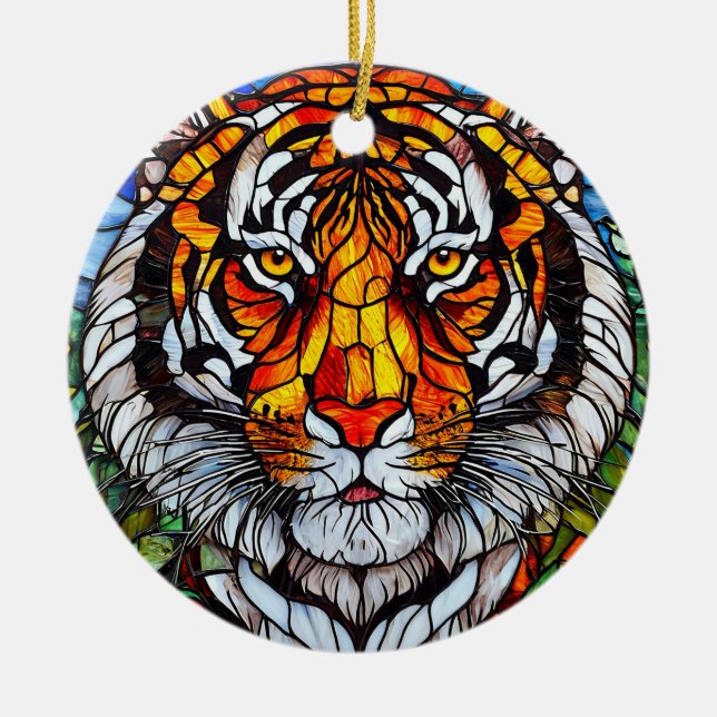 Tiger stained glass ceramic tree decoration (Front)