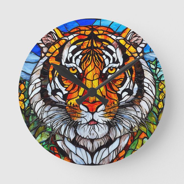 Tiger stained glass round clock (Front)