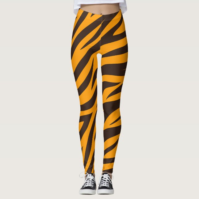 Tiger Stripe black Orange Wild Animal skin pattern Leggings (Front)
