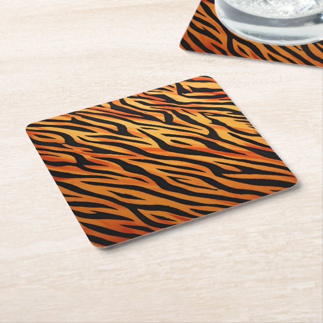 Tiger Stripe Fur Pattern Square Paper Coaster (Angled)