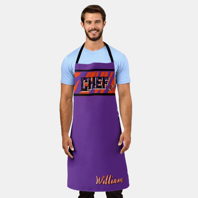 Tiger Stripe Purple Orange Football Design Apron (Worn)