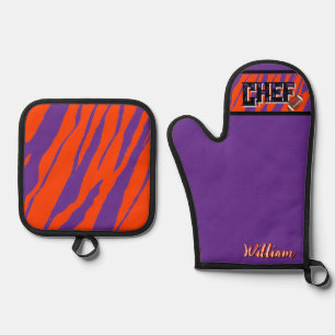 Tiger Stripe Purple Orange Football Design Oven Mitt & Pot Holder Set