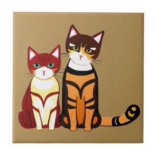 Tiger Striped Cat and Ginger Kitten Tile