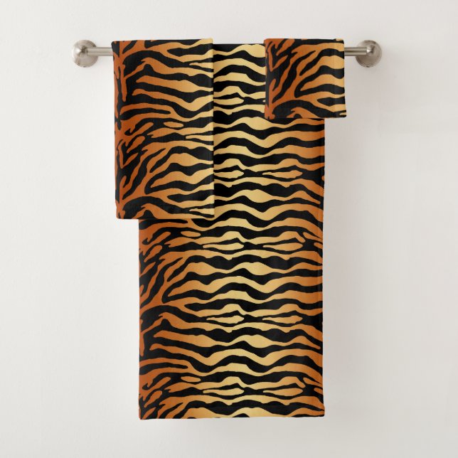 Tiger Stripes Animal Print, Amber, Black and Tan Bath Towel Set (Insitu)