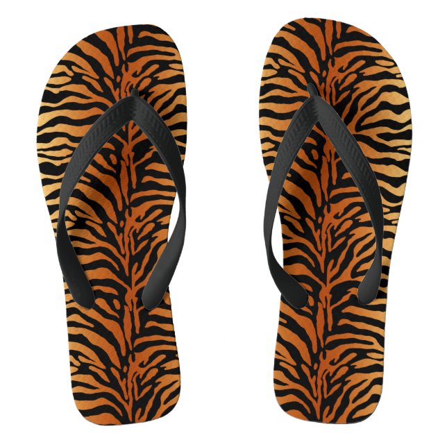 Tiger Stripes Animal Print, Amber, Black and Tan Flip Flops (Footbed)