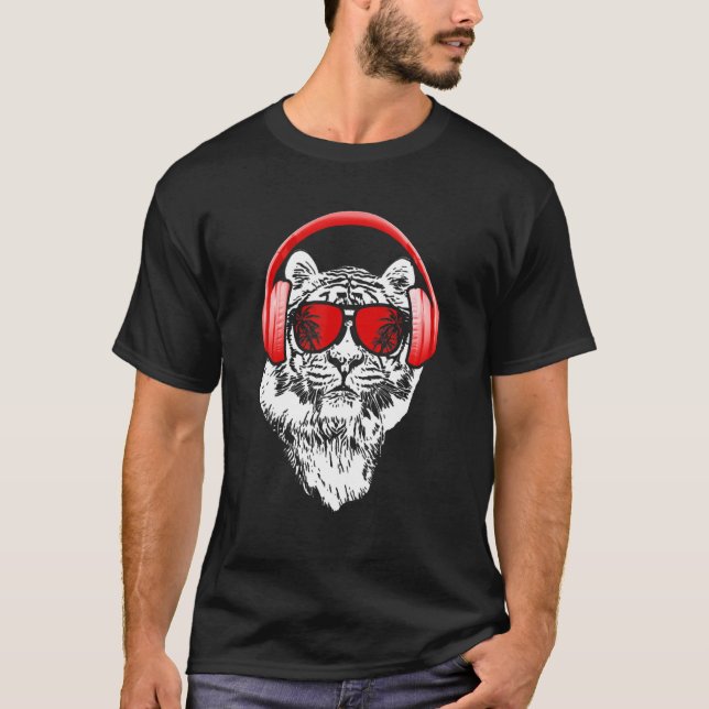 Tiger Sunglasses Headphones Party Tiger Lover Tige T-Shirt (Front)