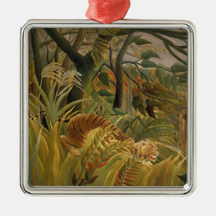 Tiger Surprised in a Tropical Storm Metal Tree Decoration